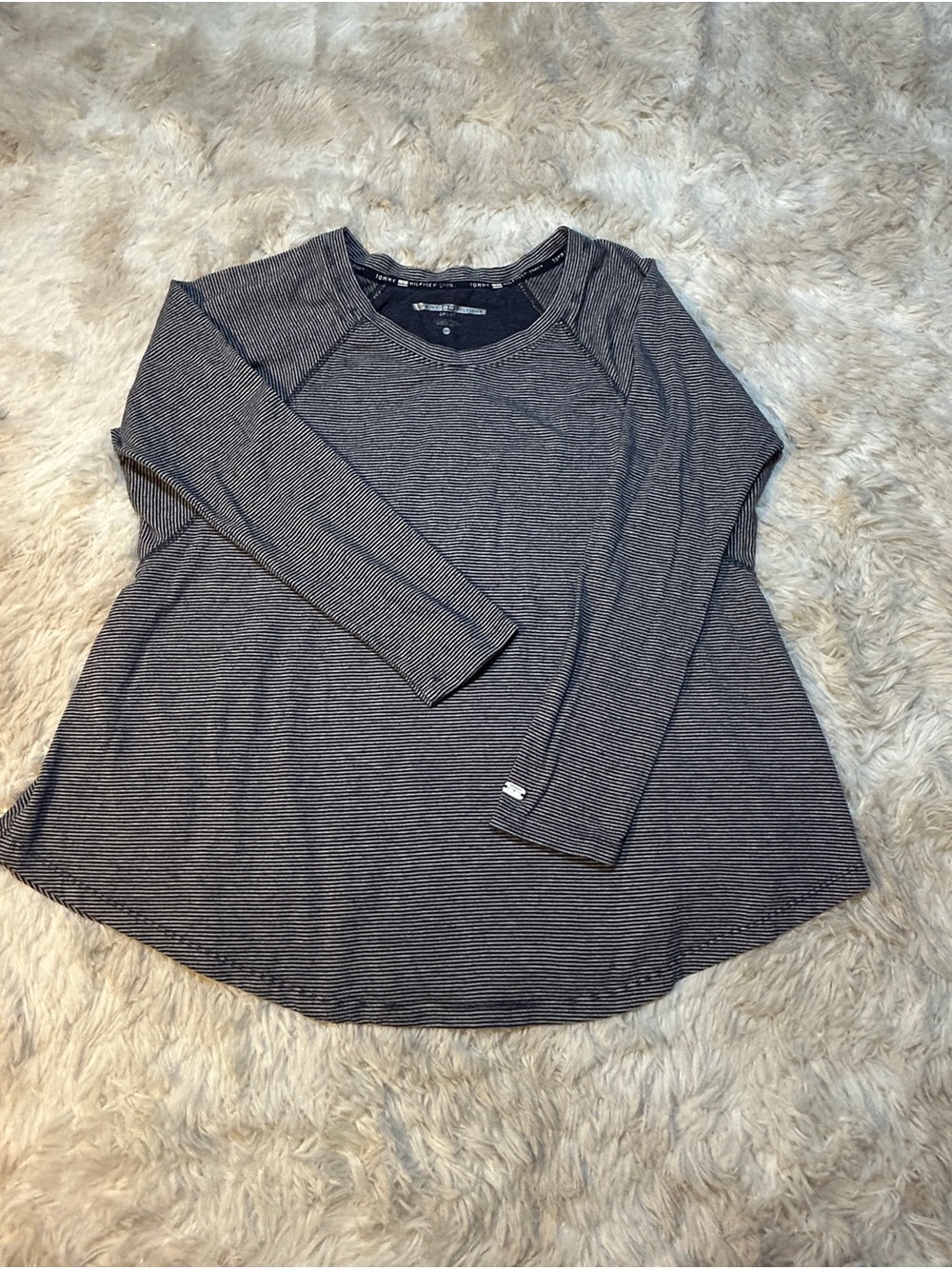 Tommy Hilfiger Navy & White Striped Long Sleeve Scoop Neck Top